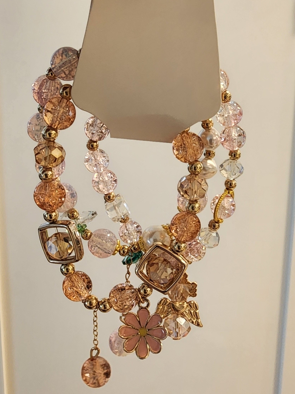 Gold-Tone Peach Beaded Flower Charm Bracelet